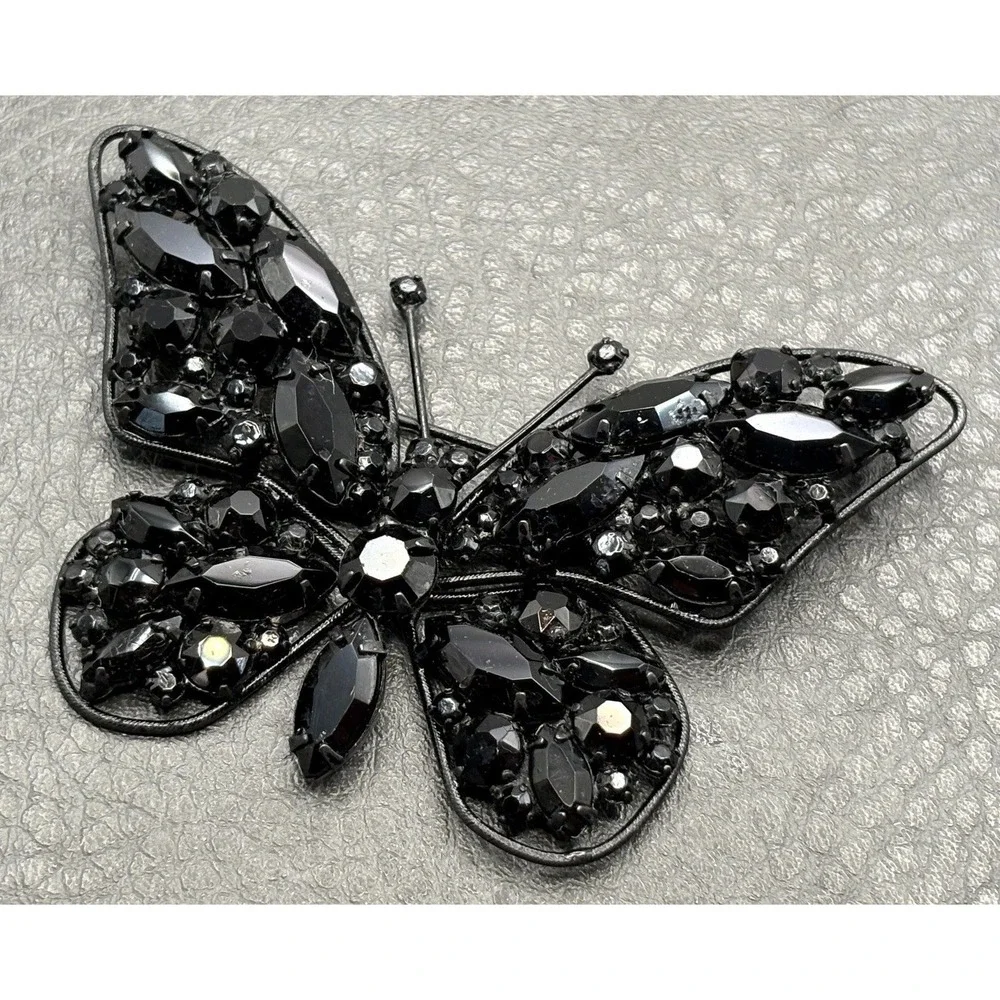 Vintage Large Black Rhinestone Butterfly Japanned Metal Brooch Pin